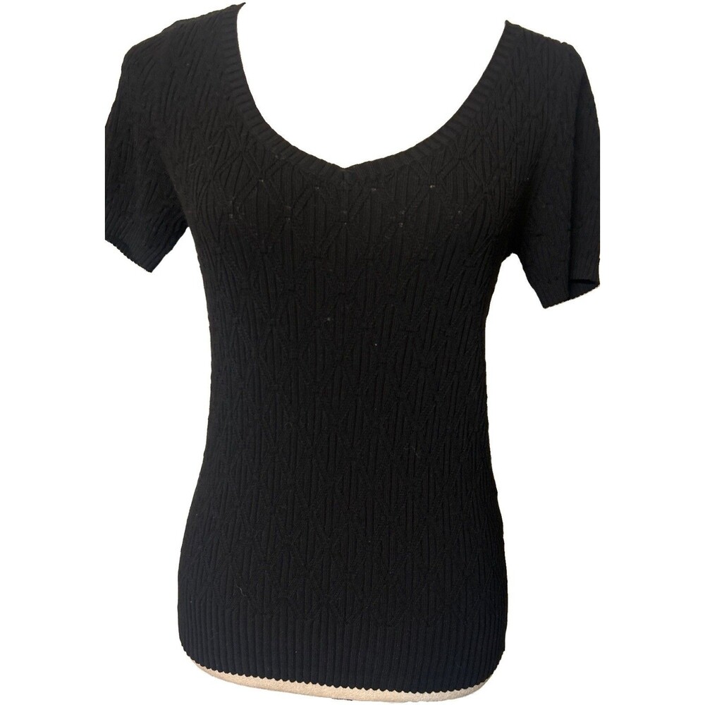 White House Black Market Black Knit Textured Cotton Rayon Short Sleeves Top Sz S